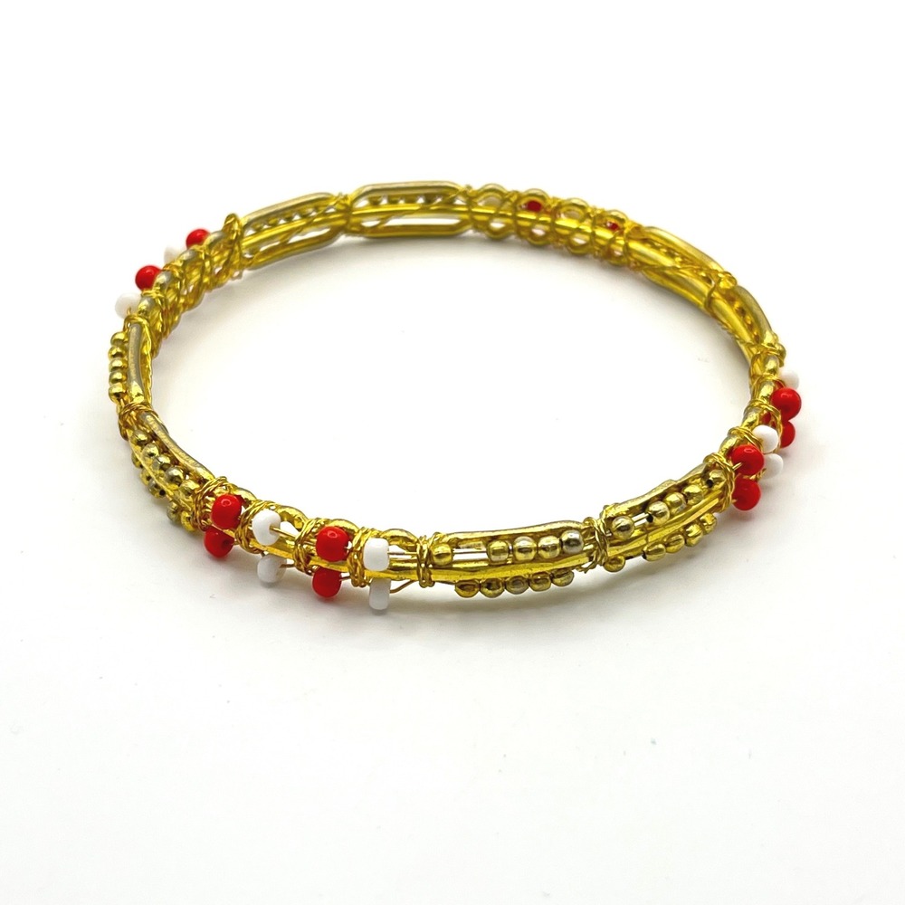 Gold Tone Wire Wrapped Bangle Bracelet Red White Seed Beads 7.75 Inch